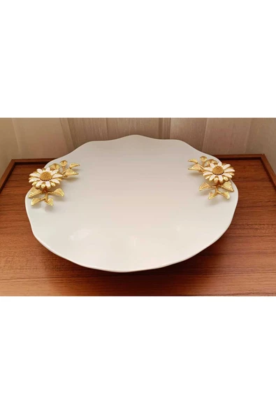 Elta Collection Metal Ayaklı Papatyalı Semazen Porselen Pasta Sunumluk Kurabiyelik ürün görseli 1