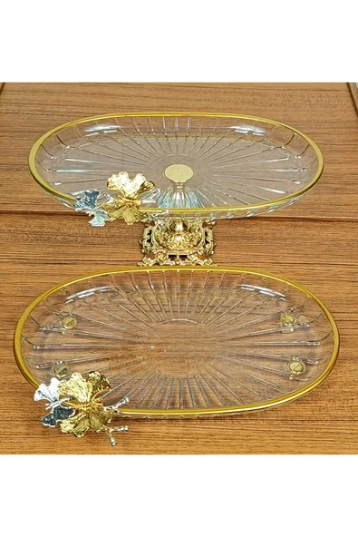 Elta Collection 2 li Paşabahçe Kristal Metal Ayaklı Gold Yaldızlı Oval Düz Pasta Sunumluk Kurabiyelik ürün görseli 1