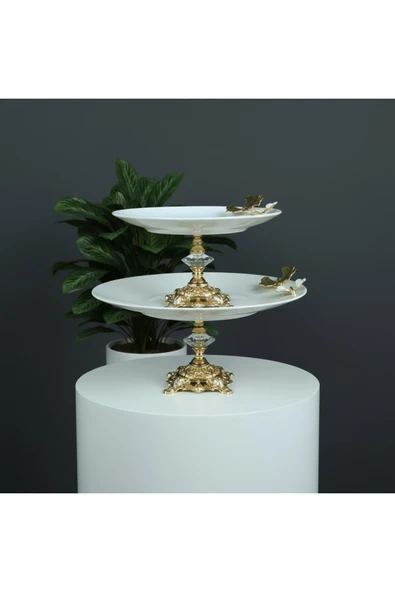 Elta Collection 2 Adet Metal Ayaklı Kelebekli Porselen Sunumluk Kurabiyelik Servis Tabağı ürün görseli 1