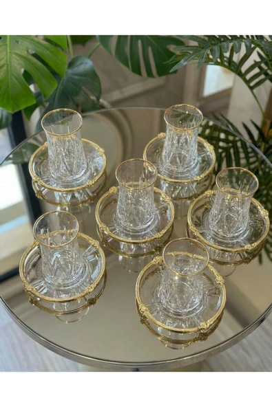 Elta Collection 12 Parça 6 Kişilik Kristal Kesim Çay Takımı – Cam Çay Bardağı ve Tabak Seti ürün görseli 1