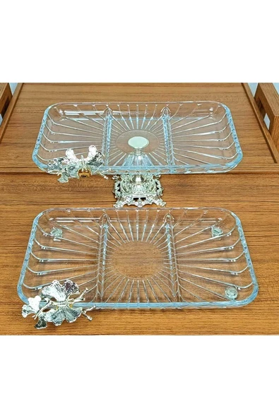 Elta Collection 2 li Paşabahçe Kristal Metal Ayaklı Gümüş Dikdörtgen Bölmeli Pasta Sunumluk Kurabiyelik ürün görseli 1