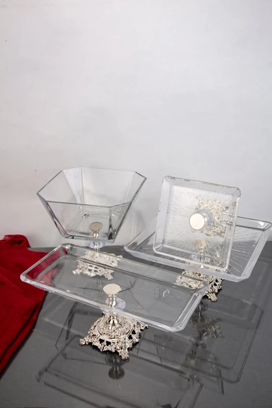 Elta Collection GÜMÜŞ Detaylı Metal ayak 4 parça sunum seti ürün görseli 1