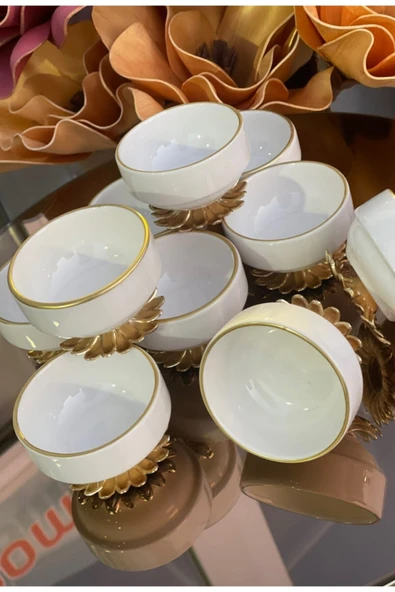 Elta Collection 6 lı Porselen Metal Ayaklı Yaldızlı Kahve Yanı Lokumluk Şekerlik Sunumluk Sosluk Reçellik ürün görseli 1