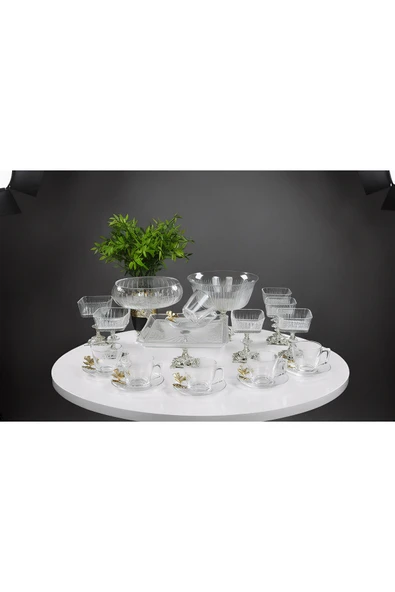 Elta Collection Paşabahçe Gold Detaylı Metal Ayaklı Sunum ve Servis Seti Pasta,Magnolia,Çay Seti,Kurabiyelik ürün görseli 1