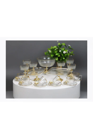 Elta Collection Paşabahçe Gold Detaylı Metal Ayaklı Sunum ve Servis Seti Pasta,Magnolia,Çay Seti,Kurabiyelik ürün görseli 1