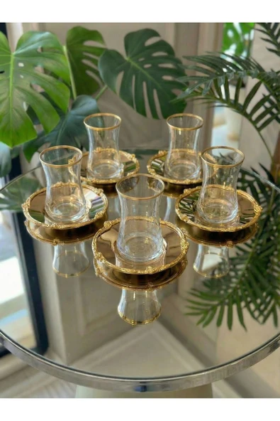 Elta Collection 12 Parça 6 Kişilik Gold Metal Çerçeveli Çay Seti – 6 Bardak 6 Metal Tabak – Lüks Sunum ürün görseli 1