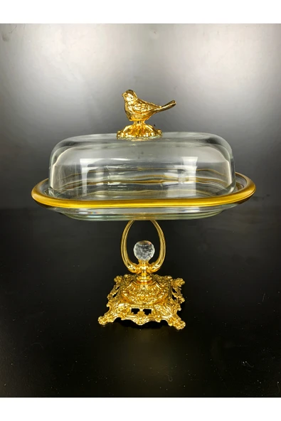 Elta Collection Kuş Figürlü Gold Metal Kristal Ayaklı Sunumluk Tereyağlık Peynirlik Kahvaltılık ürün görseli 1