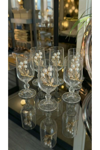 Elta Collection 6’lı İnci/Çiçek Detaylı Gold Metal Süslemeli Ayaklı Cam Kahve Yani Kadeh Seti – Şık Sunum Bardakları ürün görseli 1