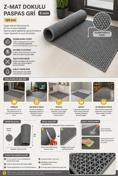 Z-Mat Dokulu Paspas Gri 5 mm 120 cm ürün görseli 1