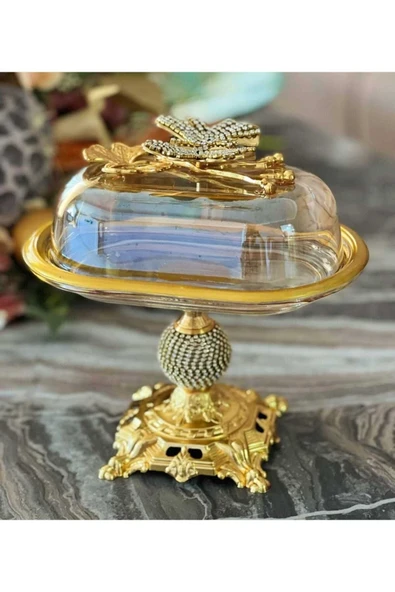 Elta Collection Kelebek Detaylı Elmas Kesim Gold Metal Ayaklı Sunumluk | Tereyağlık – Peynirlik – Kahvaltılık ürün görseli 1