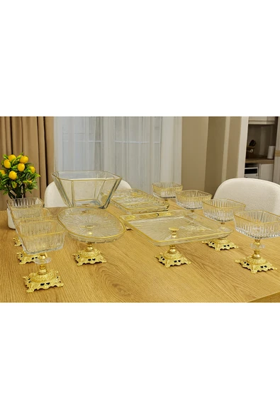 Elta Collection 10 PARCA GOLD METAL AYAKLI PASTA - SALATA - TATLI - KASE VE SERVİS SUNUM SETİ ürün görseli 1