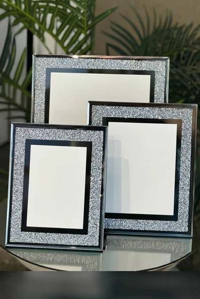Elta Collection Lüks Gümüş Taşlı Cam Fotoğraf Çerçevesi 3’lü Set (10x15 – 13x18 – 20x25 cm) ürün görseli 1