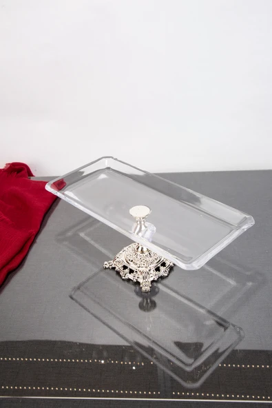 Elta Collection NUDE GÜMÜŞ DETAYLI DİKDÖRTGEN TEPSİ SERVİS SUNUM TEPSİSİ 30X14X15 CM ürün görseli 1