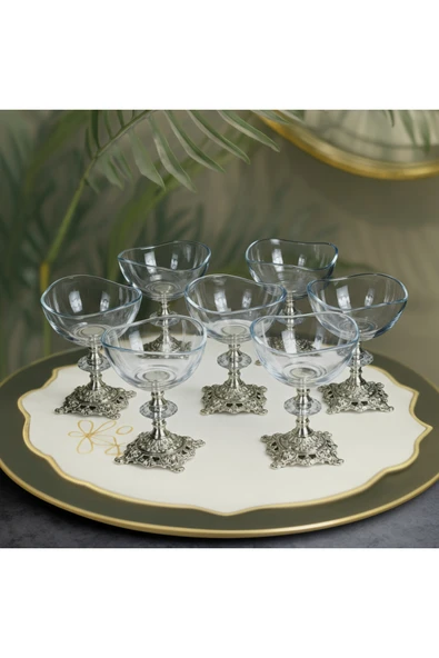 Elta Collection 6 Adet Metal Ayaklı Gümüş Detaylı Vira Magnolia-kase-dondurmalık-şekerlik ürün görseli 1