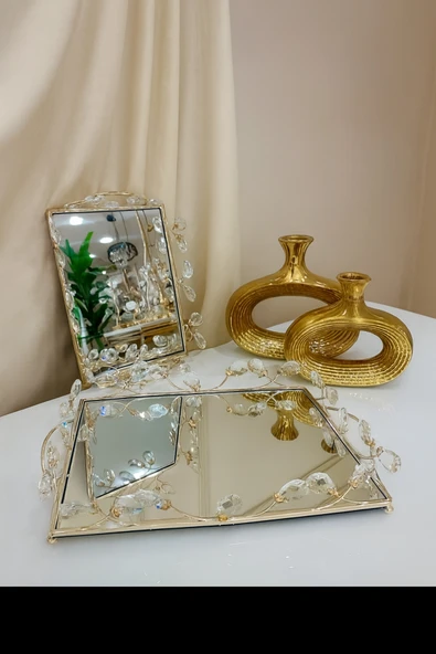 Elta Collection 2 li Gold Renk Çok Amaçlı Aynalı Dekoratif Tepsi Söz, Nişan – Kahve Sunum & Şık Dekor ürün görseli 1