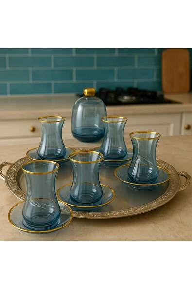 Elta Collection 13 Parça Mavi Lüster Altın Yaldızlı Cam Çay Seti – 6 Kişilik Çay Takımı Şekerlik Hediyeli ürün görseli 1