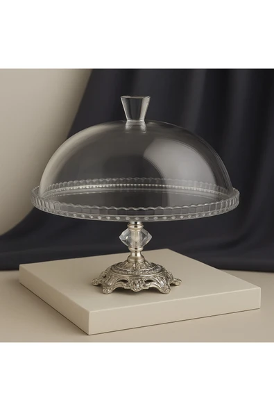 Elta Collection Gümüş Metal Ayaklı Cam Kapaklı Kek - Pasta Stantı Fanus 95198 ürün görseli 1