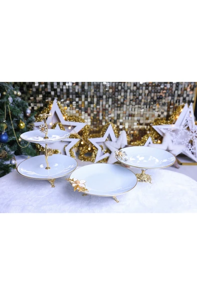 Elta Collection 3 Parça Metal Ayaklı Porselen Pasta Sunumluk Kurabiyelik Şekerlik Set ürün görseli 1
