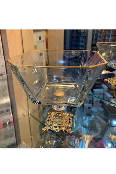 Elta Collection Metal Ayaklı Gold Detaylı Cam Büyük Boy Salata - Servis - Sunum Kasesi ürün görseli 1