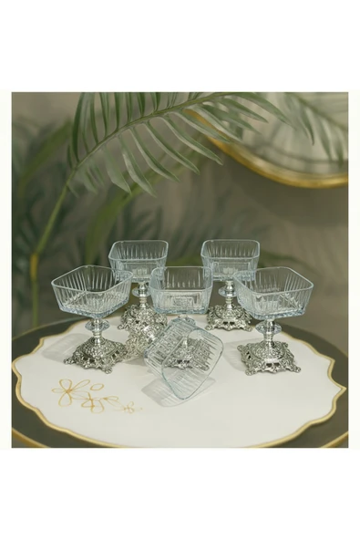 Elta Collection 6 Adet Metal Ayaklı Gümüş Detaylı Magnolia-kase-dondurmalık-şekerlik-sunumluk ürün görseli 1