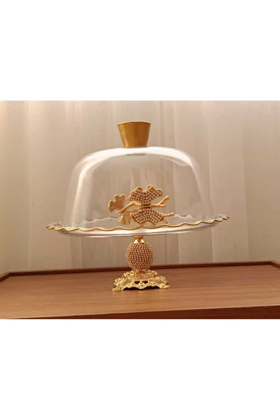 Elta Collection Gold Metal Ayaklı Cam Kapaklı Kek - Pasta Stantı Fanus ürün görseli 1