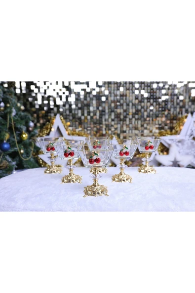 Elta Collection 6 lı Kiraz Detaylı Gold Metal Ayaklı Cup Magnolia Dondurmalık Tatlı Sunumluk Kase Yılbaşı Özel ürün görseli 1
