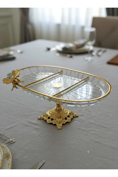 Elta Collection Lüx Hediyelik Metal Ayaklı Gold Oval Kelebekli Sunumluk Kurabiyelik - Yeni Serisi ürün görseli 1