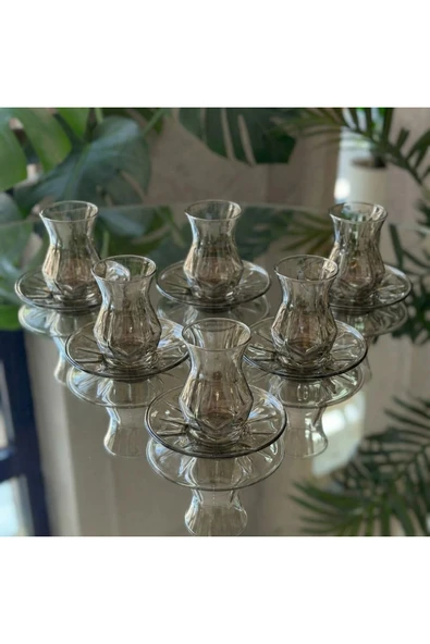 Elta Collection 6 Kişilik Füme Cam Çay Seti – Modern Tasarım Çay Bardağı ve Çay Tabağı Takımı ürün görseli 1
