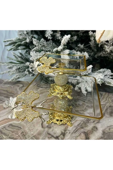 Elta Collection Paşabahçe 2 Li Kelebekli Elmas Kare Döküm Ayaklı Pasta Sunumluk Kurabiyelik ürün görseli 1