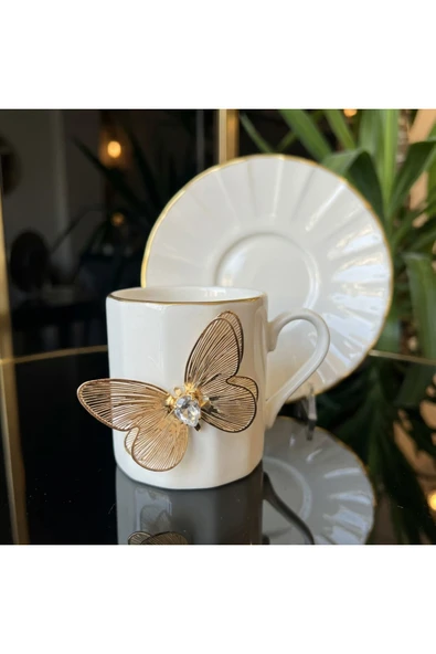 Elta Collection Flora Luxe Serisi Altın Yaldızlı Porselen Kahve Fincanı & Tabağı – Çiçek ve Kelebek Detaylı 4 Model ürün görseli 1