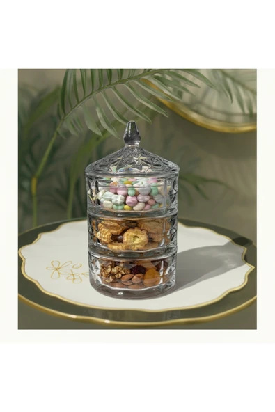 Elta Collection 3 Katlı Kristal Cam Şekerlik – Lokumluk, Kurabiyelik, Çerezlik, Sunumluk ürün görseli 1