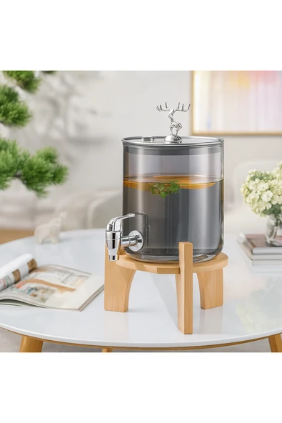 Elta Collection Gümüş Füme Cam Şerbetlik Meşrubatlık – Musluklu ve Ahşap Standlı 3.6 Litre ürün görseli 1