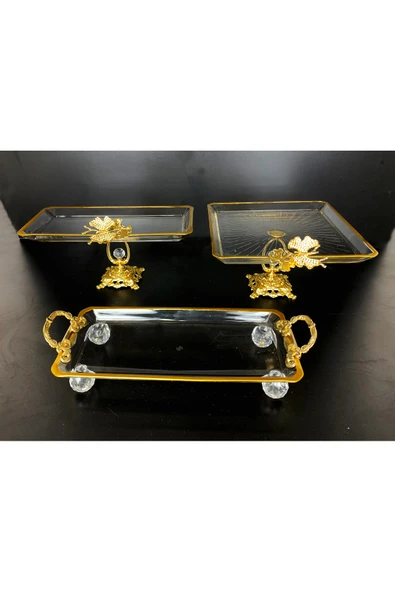Elta Collection 3 PARCA  GOLD YALDIZLI KRİSTAL AYAKLI SUNUMLUK ürün görseli 1