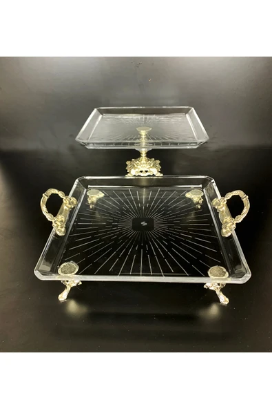 Elta Collection 2 li Paşabahçe Kristal Gümüş Metal Ayaklı Yaldızlı Kare Pasta Sunumluk Kurabiyelik ürün görseli 1