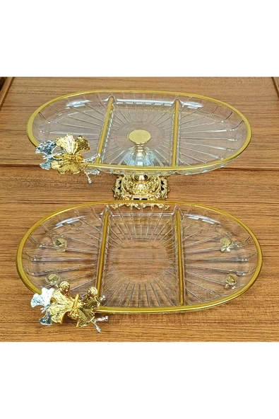 Elta Collection 2 li Paşabahçe Kristal Metal Ayaklı Gold Yaldızlı Oval Bölmeli Pasta Sunumluk Kurabiyelik ürün görseli 1