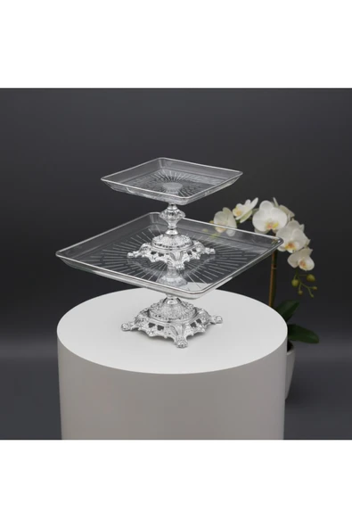 Elta Collection Paşabahçe Gümüş 2 Li Kare Döküm Ayaklı Pasta Sunumluk Kurabiyelik ürün görseli 1