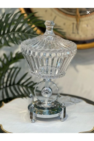 Elta Collection Ultra Lüks Kristal Kapaklı Salata Kasesi Şekerlik Gümüş Detaylı Büyük Kristal Kase ürün görseli 1