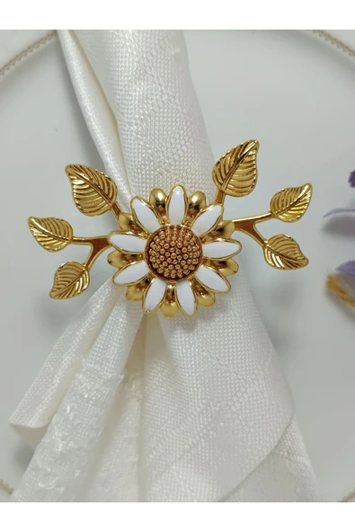 Elta Collection 6'lı  Gold Kaplama Beyaz Mineli Yapraklı  Papatya Halka Peçete Yüzüğü ürün görseli 1