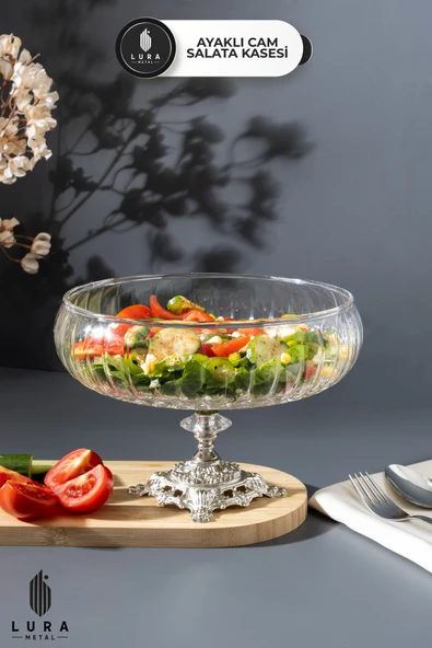 Elta Collection El Yapımı Ayaklı Gümüş Cam Salata Kasesi – Büyük Boy 22 cm , Şık Sunum ve Dekoratif Tasarım ürün görseli 1