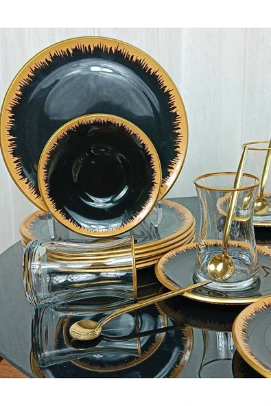 Elta Collection 6 Kişilik 24 Parça Pinkmore Siyah-Gold Pasta Çay Saati Seti ürün görseli 1