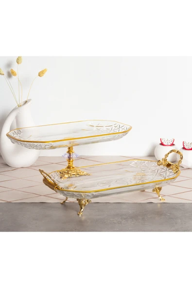 Elta Collection 2 li Paşabahçe Kristal Metal Ayaklı Yaldızlı Kare Pasta Sunumluk Kurabiyelik ürün görseli 1