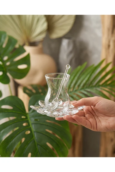 Elta Collection 18 Parça Kristal Çay Seti – Kristal Tabak ve Kaşıklı İnce Belli 6 Kişilik Şık Çay Takımı ürün görseli 1