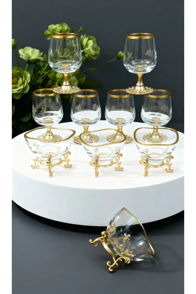 Elta Collection 12 Parça Gold Kahve Yanı 6 lı Su Bardağı ve 6 lı Lokumluk - Şekerlik ürün görseli 1
