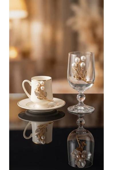 Elta Collection Gold Metal & İnci Çiçek Figürlü 12 Parça Bardak Fincan Seti | Şık Sunum ürün görseli 1