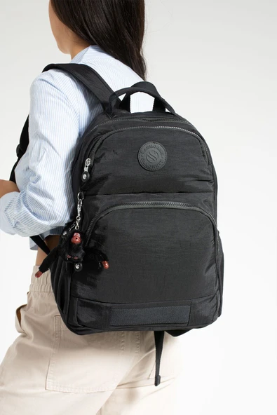 Unisex Suya Dayanıklı Kumaş Laptop Bölmeli 3 Gözlü Siyah Renkli Okul Seyahat Sırt Çantası ürün görseli 1