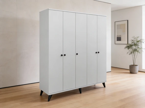 Dienni Simple Gardırop 7 Raflı 5 Kapaklı 2 Askılı 150x44x176 BEYAZ ürün görseli 1