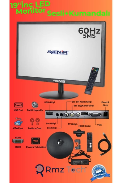 AVENİR M19A 19" LED Monitör, HDMI , VGA Uyumlu, Dahili Hoparlör, Kumandalı Sesli ( PC, Kayıt Cihazlarına Uyumlu) ürün görseli 1