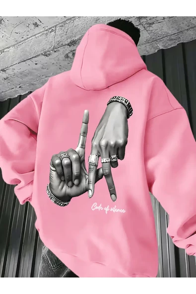 Unisex Oversize Hoodie El Figürlü Baskılı Kapüşonlu Streetwear Sweatshirt ürün görseli 1