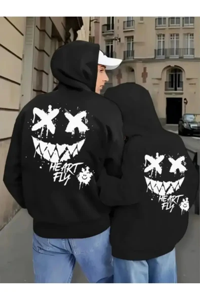 Heart Fly Arka Baskı Oversize Hoodie – Çift Kombini 3 İplik Kalın Kumaş Sweatshirt 2'li Set ürün görseli 1