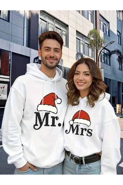 Mr Mrs Çift Hoodie– Noel Şapkalı Sevgili Kombin Kapüşonlu Sweatshirt Unisex Oversize ürün görseli 1
